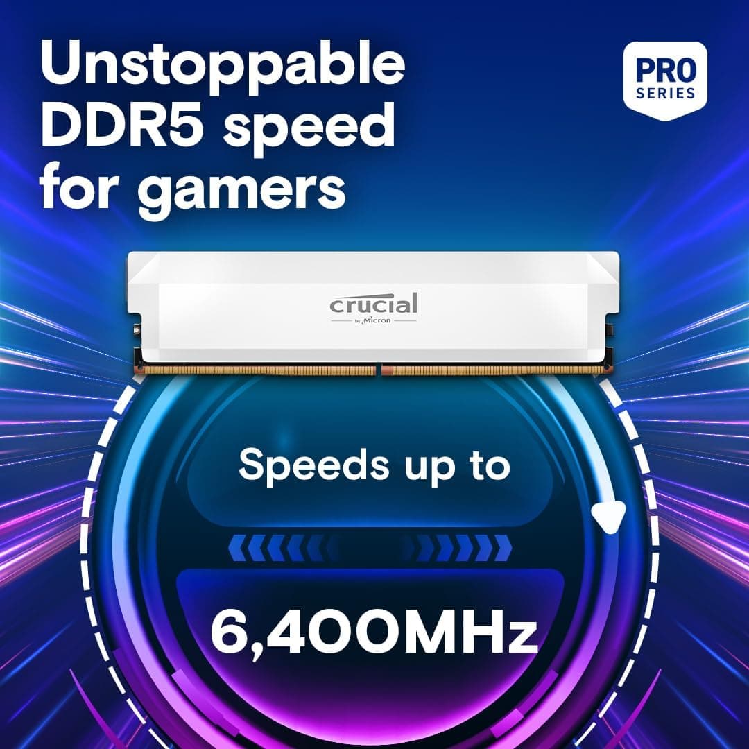 Crucial Pro DDR5 RAM 32GB Kit (2x16GB) 6400MHz CL38, Overclocking Gaming Memory, Intel XMP 3.0 / AMD EXPO, Computer Memory (PC) DDR5 32GB RAM, White - CP2K16G64C38U5W 2