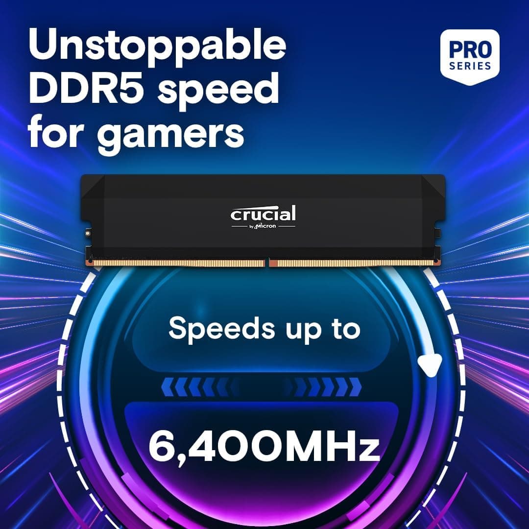 Crucial Pro DDR5 RAM 64GB Kit (2x32GB) 6000MHz CL40, Overclocking Gaming Memory, Intel XMP 3.0 / AMD EXPO, Computer Memory (PC), Black - CP2K32G60C40U5B 3