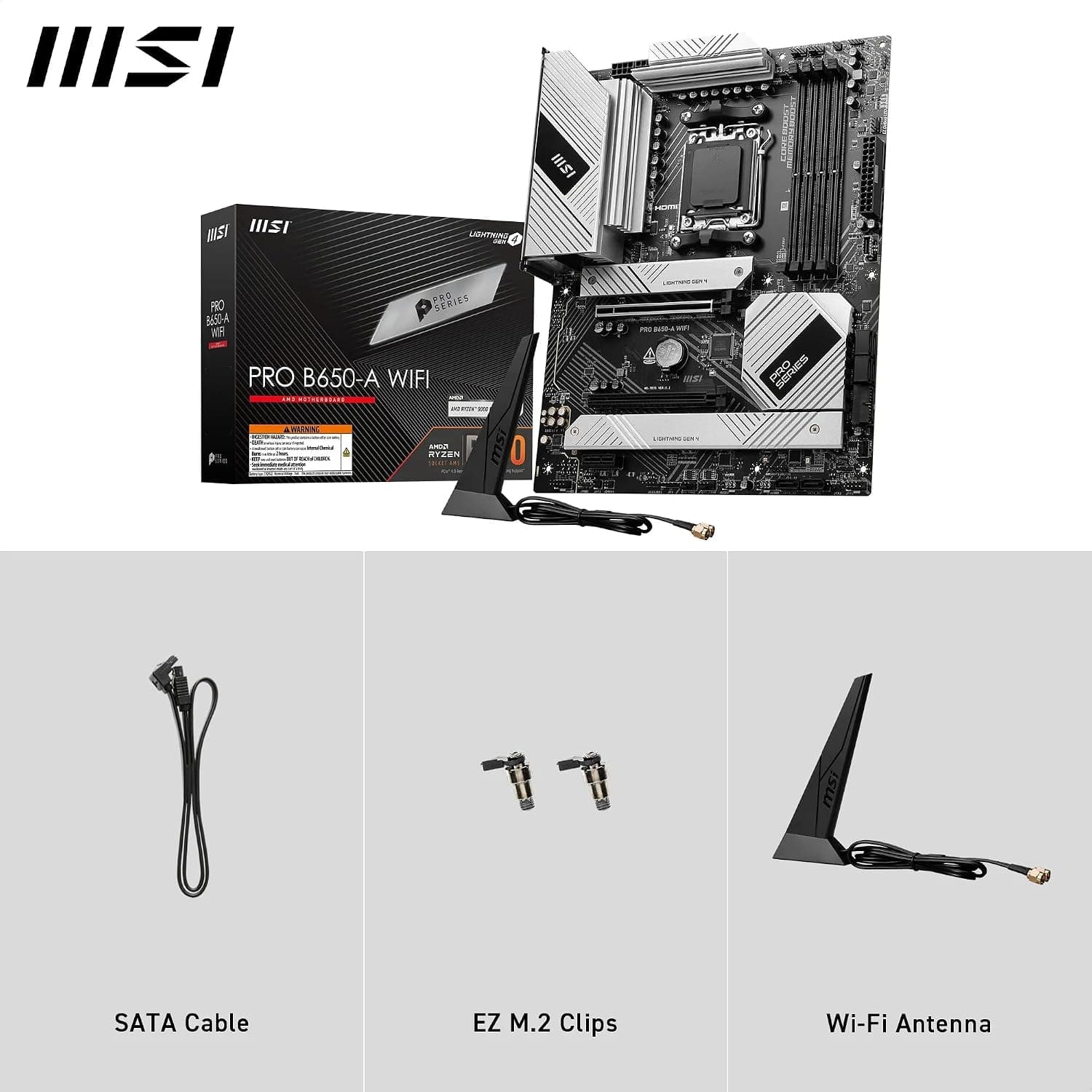 MSI PRO B650 A WiFi Motherboard, ATX, Supports AMD Ryzen 9000 8000 7000, AM5, DDR5 7600+MHz OC, 2 x PCIe 4.0 x16, 3 x M.2 Gen4, Wi Fi 6E 2
