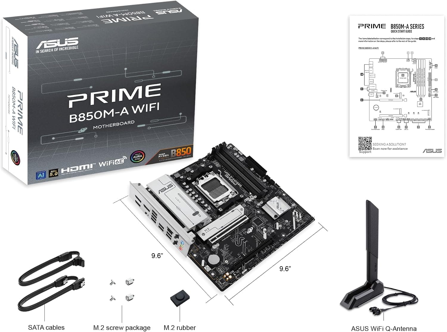 ASUS PRIME B850M-A WIFI, AMD mATX Motherboard, DDR5 Slot, PCIe 5.0 Ready, 3 M.2 Slots, Wi-Fi 6E, Ethernet Realtek 2.5Gb, DisplayPort, HDMI, Front USB-C 5Gbps, BIOS FlashBack, Aura Sync 3