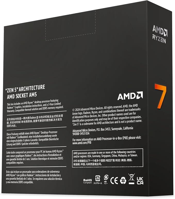 AMD Ryzen 7 9700X Processor, 8 Cores/16 Unbridled Threads, Zen Architecture 5, 40MB L3 Cache, 65W TDP, Up to 5.5 GHz Frequency Boost, Socket AM5, DDR5 & PCIe 5.0, No Fan 2