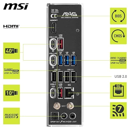 MSI MAG X870 TOMAHAWK WIFI Motherboard, ATX - Supports AMD Ryzen 9000/8000 / 7000 Processors, AM5-80A SPS VRM, DDR5 Memory Boost 8400+MT/s (OC), PCIe 5.0 x16 & 4.0 x16, M.2 Gen5, Wi-Fi 7, 5G LAN 4