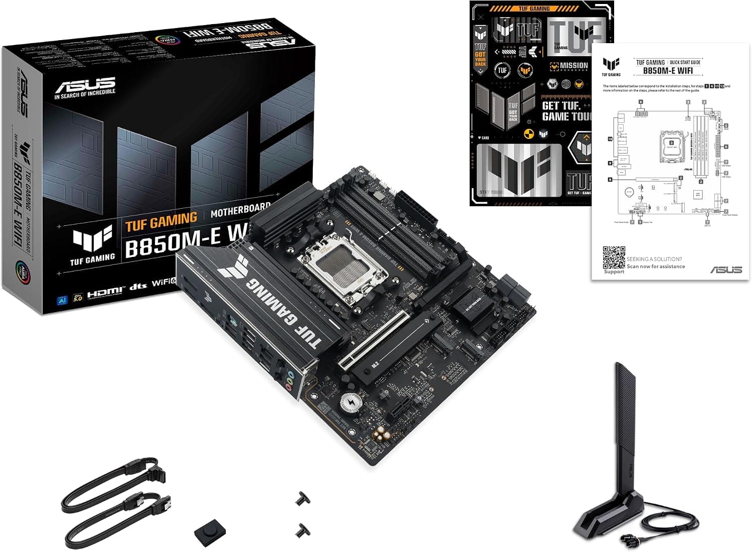 ASUS TUF Gaming B850M-E WiFi, AMD Micro-ATX Motherboard, 8+2+1 Power Stages, DDR5 Slot, PCIe 5.0, 3 M.2 Slots, 6E, Ethernet Realtek 2.5Gb, USB-C 10Gbps, BIOS Flashback and Aura Sync 3