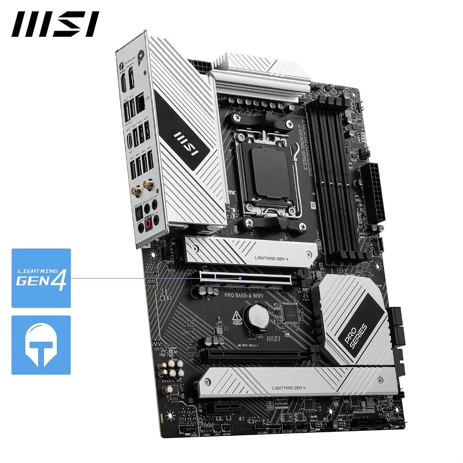 MSI PRO B650 A WiFi Motherboard, ATX, Supports AMD Ryzen 9000 8000 7000, AM5, DDR5 7600+MHz OC, 2 x PCIe 4.0 x16, 3 x M.2 Gen4, Wi Fi 6E 3