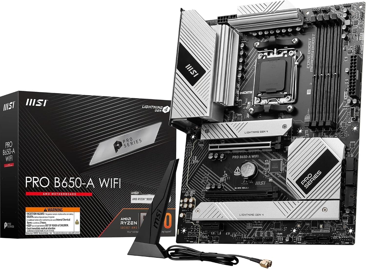 MSI PRO B650 A WiFi Motherboard, ATX, Supports AMD Ryzen 9000 8000 7000, AM5, DDR5 7600+MHz OC, 2 x PCIe 4.0 x16, 3 x M.2 Gen4, Wi Fi 6E