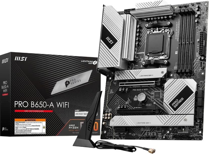 MSI PRO B650 A WiFi Motherboard, ATX, Supports AMD Ryzen 9000 8000 7000, AM5, DDR5 7600+MHz OC, 2 x PCIe 4.0 x16, 3 x M.2 Gen4, Wi Fi 6E