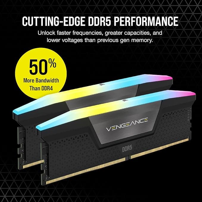 CORSAIR VENGEANCE RGB DDR5 RAM 16GB (2x8GB) Up to 5200MHz CL40 Intel XMP iCUE Compatible Computer Memory - Black (CMH16GX5M2B5200C40) 3