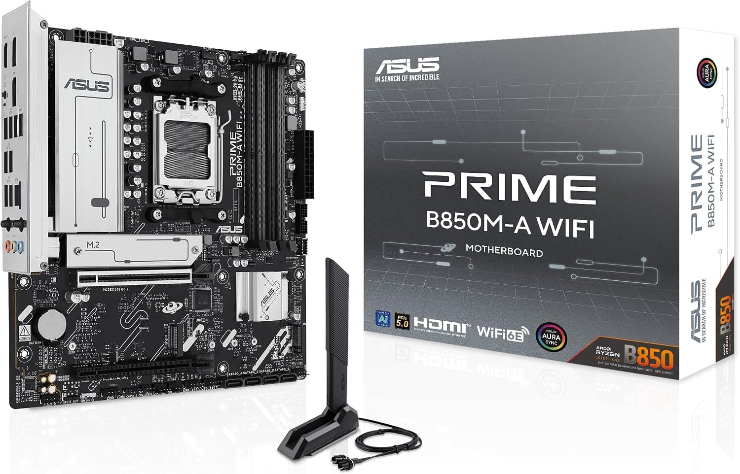 ASUS PRIME B850M-A WIFI, AMD mATX Motherboard, DDR5 Slot, PCIe 5.0 Ready, 3 M.2 Slots, Wi-Fi 6E, Ethernet Realtek 2.5Gb, DisplayPort, HDMI, Front USB-C 5Gbps, BIOS FlashBack, Aura Sync