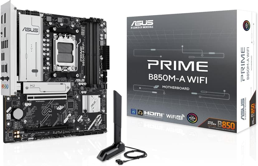 ASUS PRIME B850M-A WIFI, AMD mATX Motherboard, DDR5 Slot, PCIe 5.0 Ready, 3 M.2 Slots, Wi-Fi 6E, Ethernet Realtek 2.5Gb, DisplayPort, HDMI, Front USB-C 5Gbps, BIOS FlashBack, Aura Sync