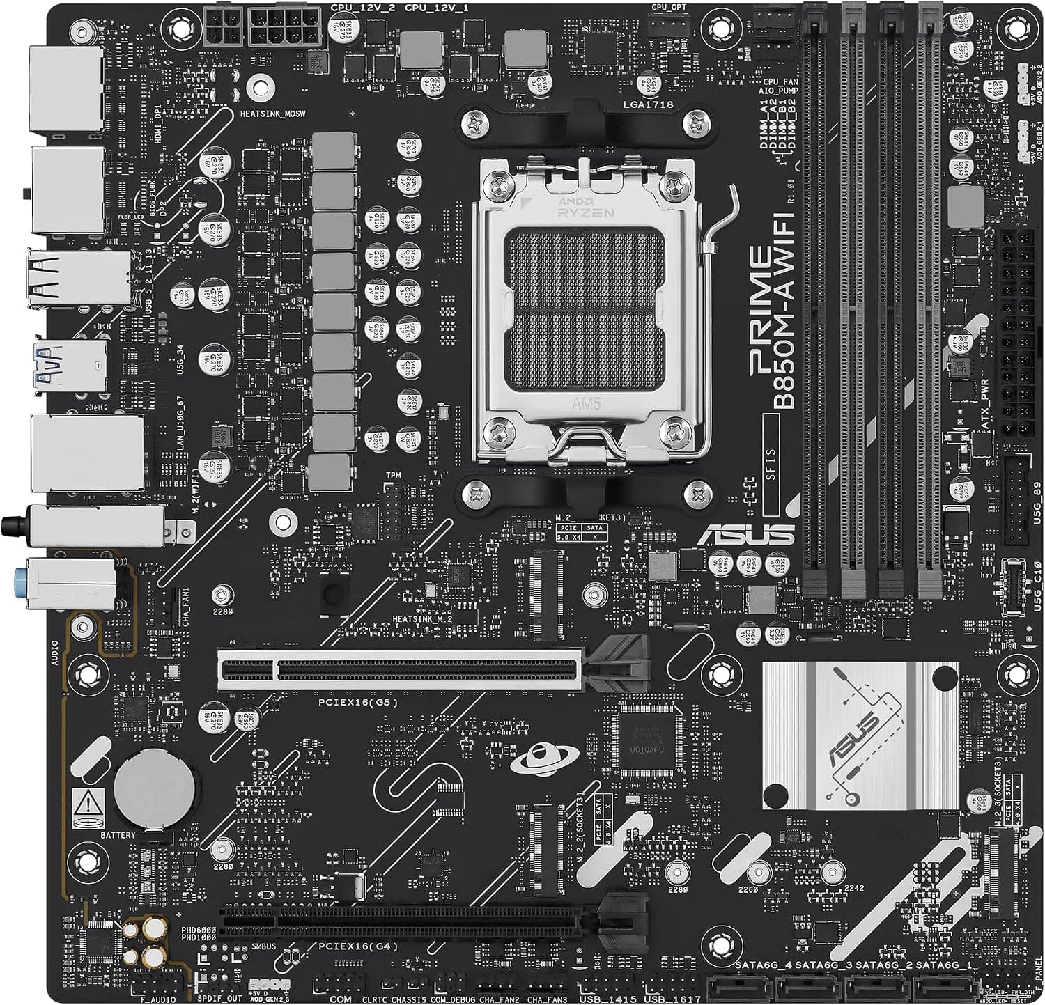 ASUS PRIME B850M-A WIFI, AMD mATX Motherboard, DDR5 Slot, PCIe 5.0 Ready, 3 M.2 Slots, Wi-Fi 6E, Ethernet Realtek 2.5Gb, DisplayPort, HDMI, Front USB-C 5Gbps, BIOS FlashBack, Aura Sync 2