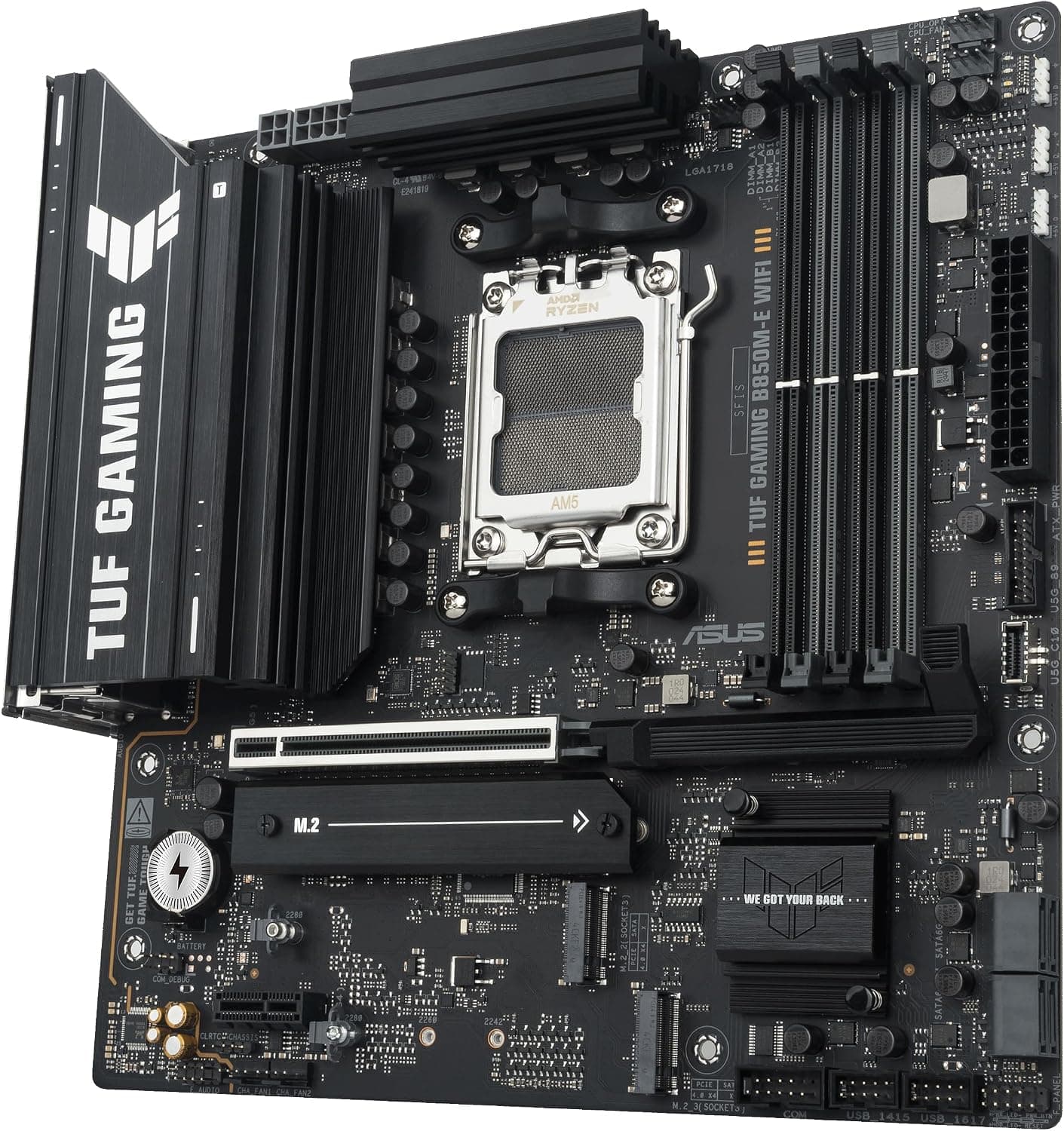 ASUS TUF Gaming B850M-E WiFi, AMD Micro-ATX Motherboard, 8+2+1 Power Stages, DDR5 Slot, PCIe 5.0, 3 M.2 Slots, 6E, Ethernet Realtek 2.5Gb, USB-C 10Gbps, BIOS Flashback and Aura Sync 2